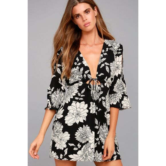 Lulus Steal the Show Black and White Floral Print Cold-Shoulder Dress Medium M - Picture 4 of 11